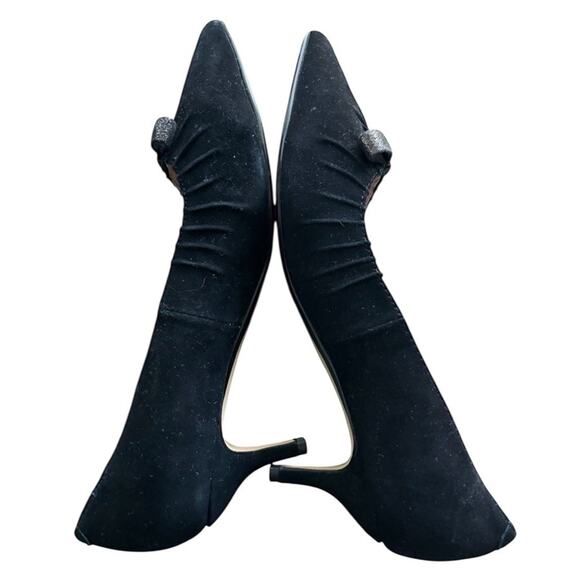 Miss L Fire Marilyn Pointed Toe Black Suede Kitten Heel 1950s Sz 40 Retro Bow EC - Picture 8 of 16